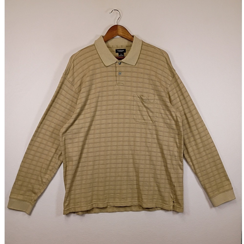 Dadcore Van Heusen Mens XL Tan Textured Stripe Long Sleeve Pocket Polo Shirt
